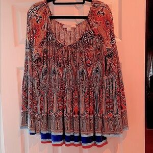 Boston Proper Red Black Relaxed Ruffled Blouse